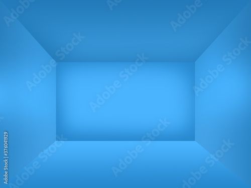 A light blue symmetrical empty cube shaped studio room for product presentation or backdrop