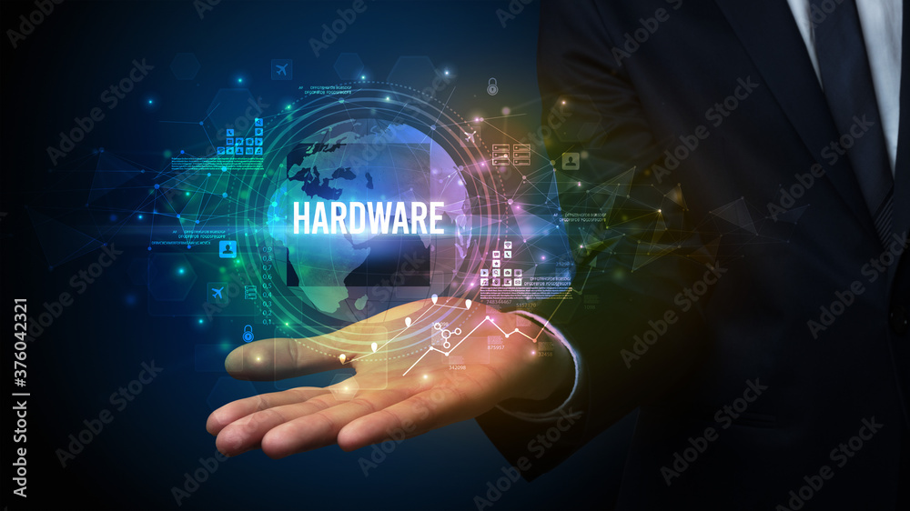 Elegant hand holding HARDWARE inscription, digital technology concept Elegant hand holding HARDWARE inscription, digital technology concept