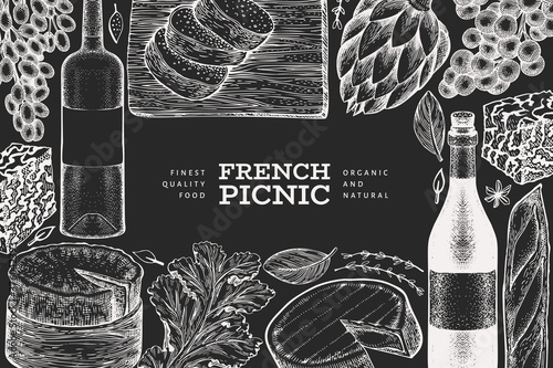 French food illustration design template. Hand drawn vector picnic meal illustrations on chalk board. Engraved style different snack and wine banner. Vintage food background.