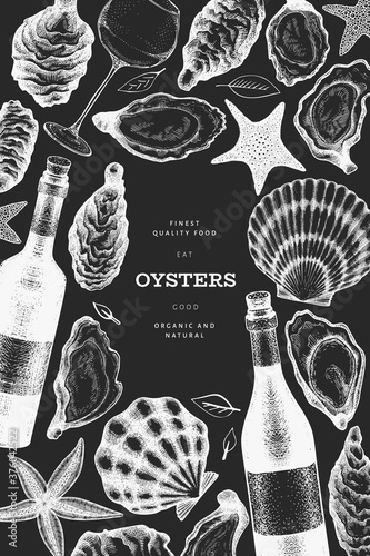 Oysters and wine design template. Hand drawn vector illustration on chalk board. Seafood banner. Can be used for design menu, packaging, recipes, label, fish market, seafood products.