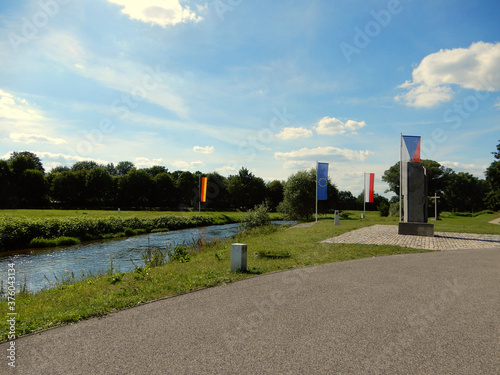 border between Germany, Czechia and Poland with visible EU flag