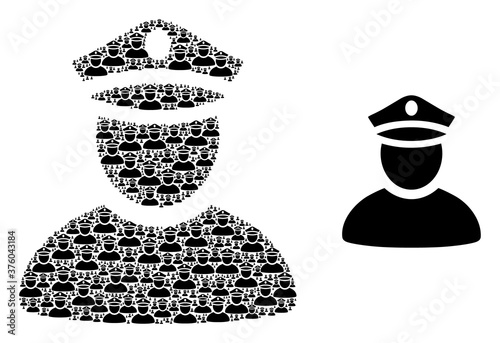 Fractal collage police man and basic icon. Vector collage is constructed with recursive police man elements. Flat vector design on a white background.