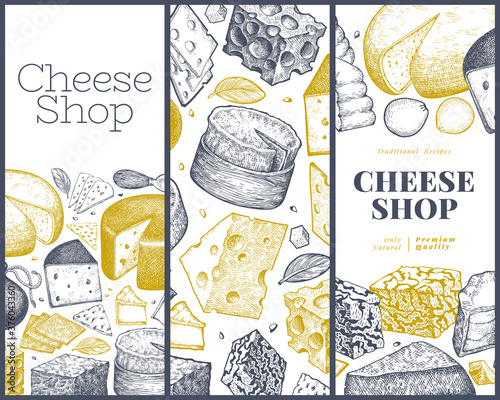 Cheese design template. Hand drawn vector dairy illustration. Engraved style different cheese kinds banner. Retro food background.