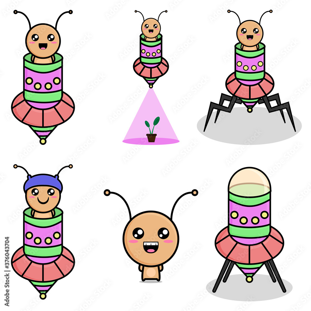 Cute Alien With Ufo Character Vector Design Pack