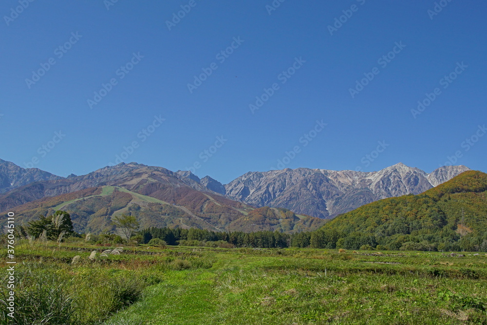 sunny autumn panorama of countryside in Japan, Hakuba valley sunny autumn panorama of countryside in Japan, Hakuba valley