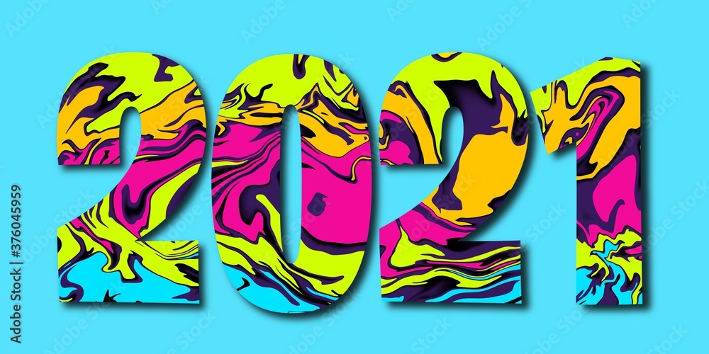 Multicolored text 2021 on light blue background, design uses paint background, marble effect