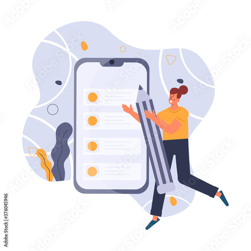 Online education, woman planning her schedule, female student managing schedule on a calendar with a stopwatch vector illustration for website