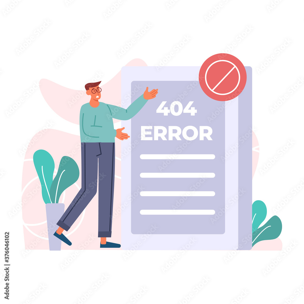 404 error, man receiving 404 error notification, male person showing 404 message and forbidden sign web search vector illustration for website