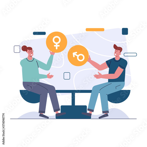 Gender equality, happy man and woman sitting on chairs holding male and female gender symbols vector illustration for website