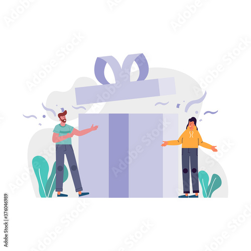 Gift box, happy man and woman with a huge present, people celebrating by opening a big present box with confetti vector illustration for website
