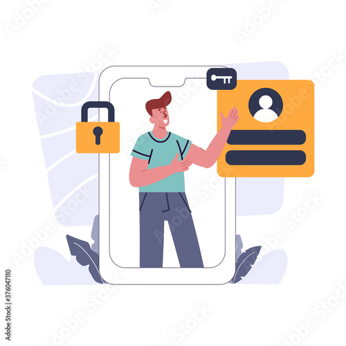 Log in or sign out, happy young man in casual clothing in a smartphone screen with profile page, key logo and padlock vector illustration for website
