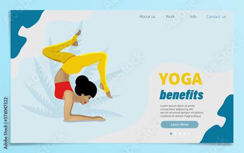 Standing in Adho Mukha Vrksasana exercise. Yoga, concept of meditation, health benefits for body, control of mind and emotions. Web page template of yoga school, studio.