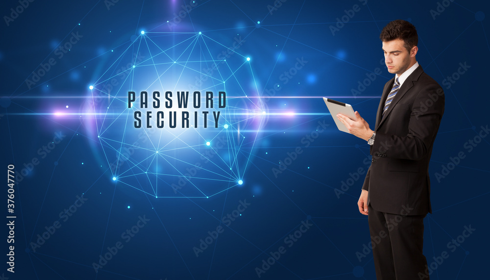 Businessman thinking about security solutions with PASSWORD SECURITY inscription