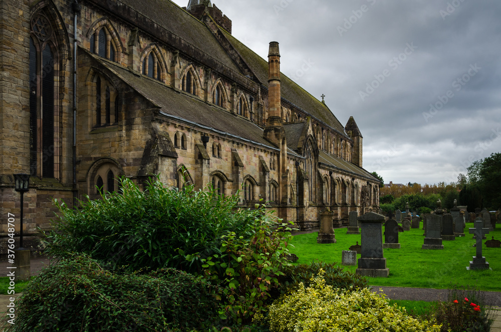Dunblane Cathedral with the churchyard in the foreground, Scotland