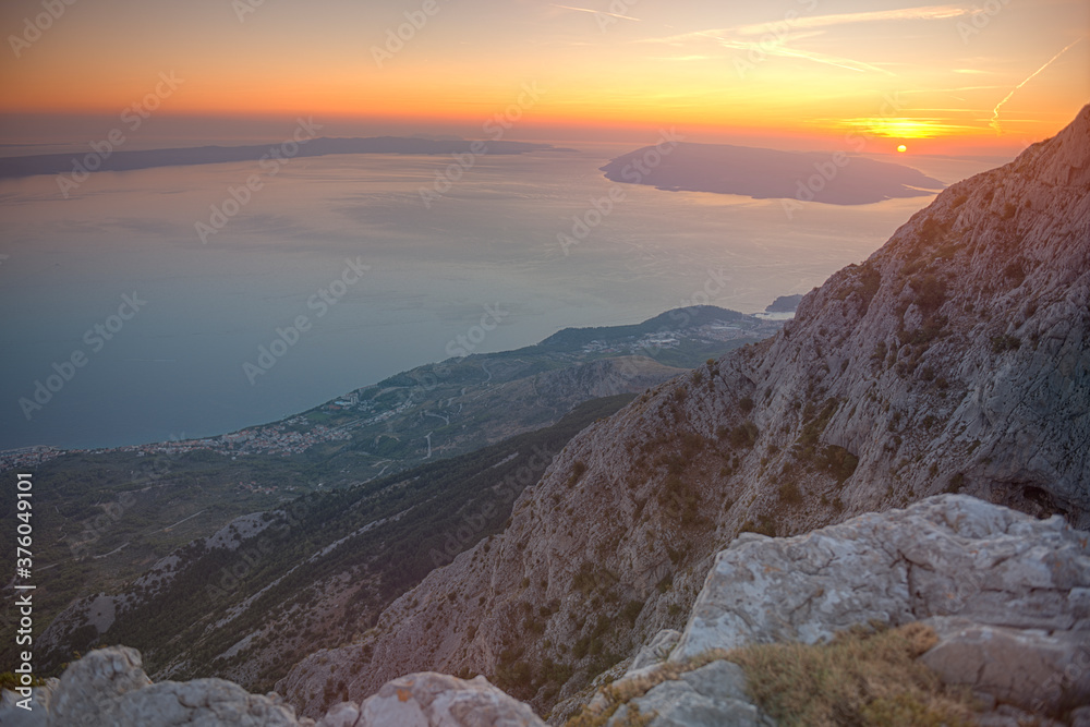 Sunset view from Biokovo mountains, Dalmatian coast, Croatia.