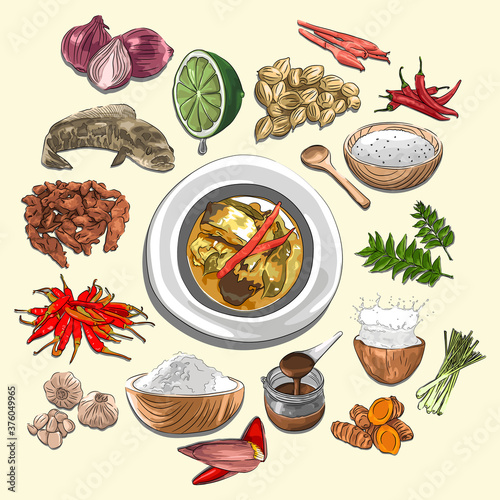 Curry Eungkot Paya Illustration & Ingredients, Indonesian Food From Aceh, Sketch and Vector Style. food element and ingredients concept.