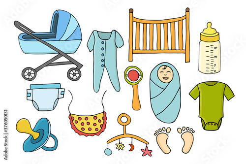Colorful flat baby stuffs illustrations collection. Illustration set of baby stuffs