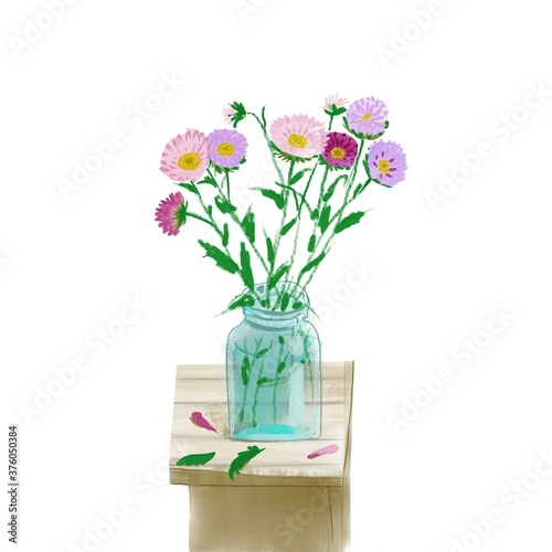 A bouquet of autumn flowers in a glass jar on a stool, isolated white.