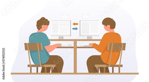 Businessmans sitting on office chair at a desk. They looking at the monitor and typing on keyboard. Color vector cartoon illustration. Concept for business team solution in partnership.