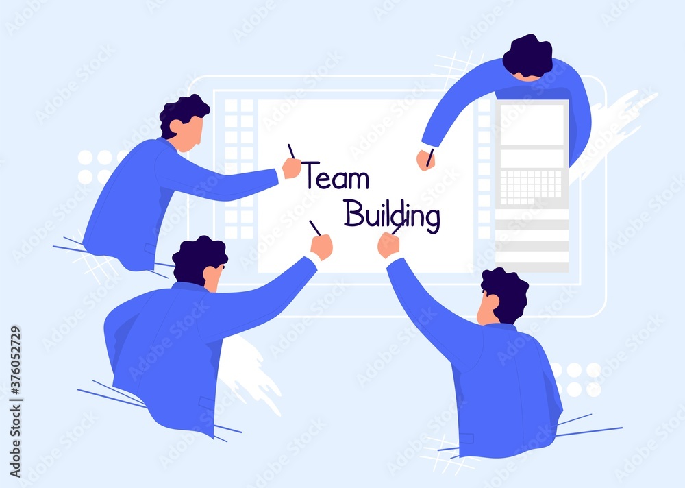 Businessmans writing together team building . Color vector cartoon illustration. Concept for business solution in partnership.