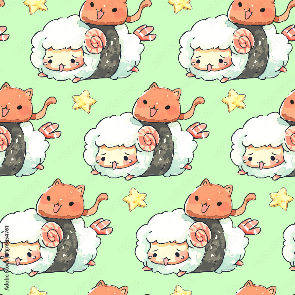 Seamless pattern sheep sushi cartoon. Japanese food. Hand painted style vector illustration. Use for Print, logo, label, decoration, pattern and more.