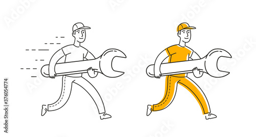 Repair symbol. Mechanic running with wrench. Logo vector illustration
