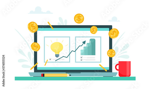 Business concept from idea to growth and success. Notebook with idea plan  growth chart  and profit. Vector illustration in flat cartoon style.