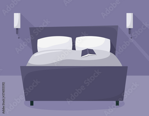 Night bedroom with fittings. Bed with a book. Vector illustration in flat style.