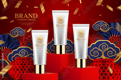Cosmetic plastic tube ads on square podium and paper art Chinese new year 2021 year of the ox   red paper cut  flower and asian elements with craft style on background.
