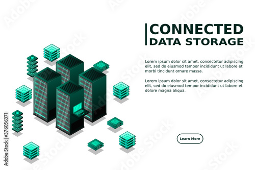 Cloud computing. Online backup secure computer internet hosting access apps networking 3d landing vector page. Isometric data cloud server  access to storage illustration