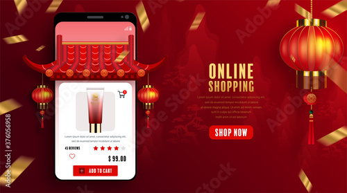 Online shopping concept digital marketing on website and mobile application. Chinese new year 2021 year of the ox with craft style on background.