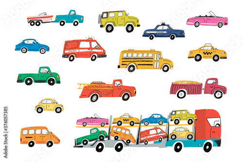 Cars on the city road hand drawn vector doodle illustrations set