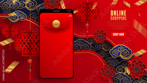Online shopping concept digital marketing on website and mobile application. Chinese new year 2021 year of the ox with craft style on background.