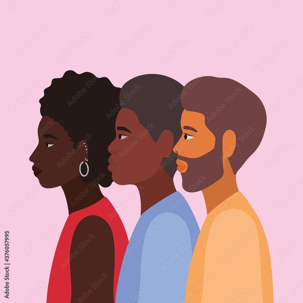 diversity skins of woman and men cartoons vector design