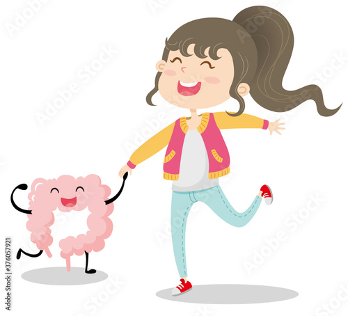 A cute cartoon girl is laughing with large intestine