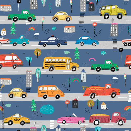 Cars on the city road hand drawn vector doodle illustrations seamless pattern