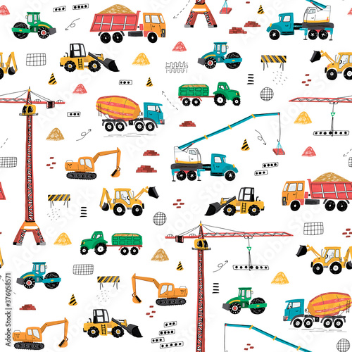 Construction machines building hand drawn doodle cartoon vector seamless pattern