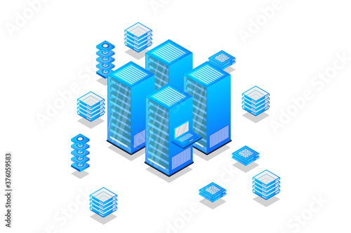 Cloud computing. Online backup secure computer internet hosting access apps networking 3d landing vector page. Isometric data cloud server, access to storage illustration