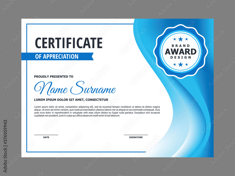 Obraz premium Abstract Fresh Blue Wavy Certificate Design, Professional Modern Certificate with Blurry Blue Wavy Background Template Vector