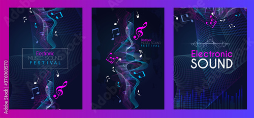 Abstract Fluid creative templates with dynamic linear waves.cards, color covers set with music notes on line wave musical notation. Geometric design - Vector 