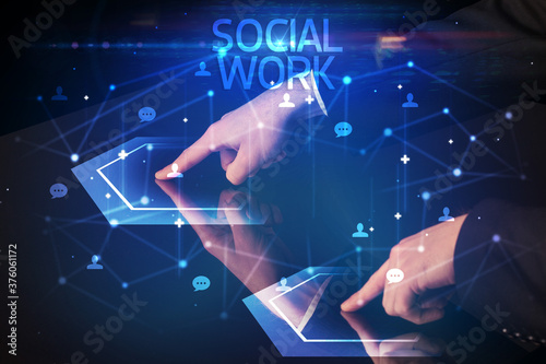 Navigating social networking with SOCIAL WORK inscription, new media concept