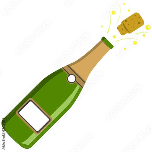 Vector illustration, isolated open bottle of champagne on a white background. Simple flat style. Logo concept.