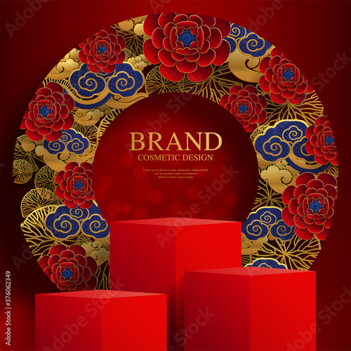 Podium round stage podium and paper art Chinese new year 2021 year of the ox , red paper cut ,flower and asian elements with craft style on background.