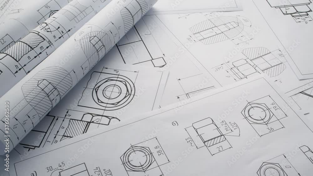 Mechanics engineering drawings of bolts and nuts.	