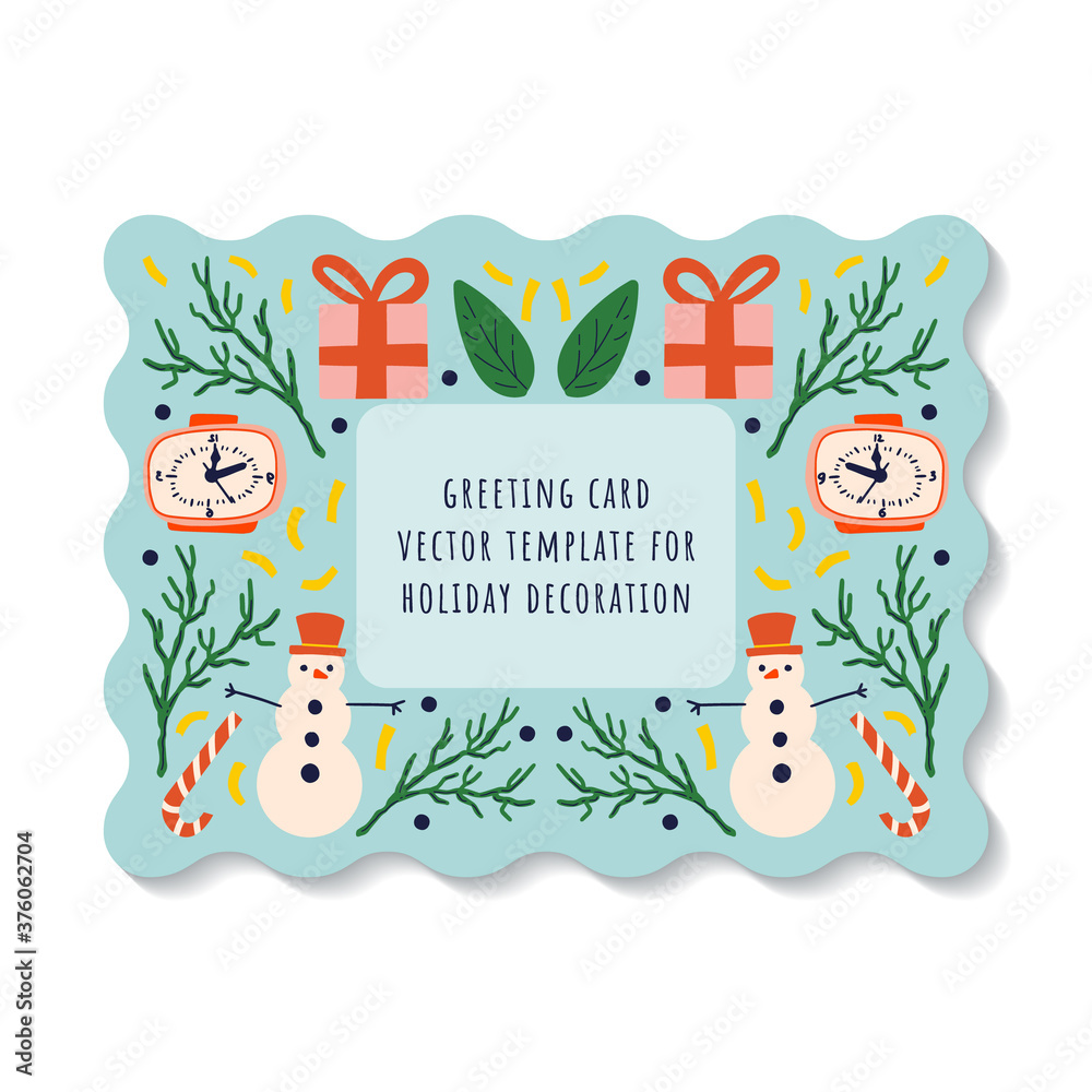Naklejka premium Greeting card on a blue background with elements of New Year's holidays snowman, clock, gift and lollipop. Printable wavy edges design template. EPS 10 vector file