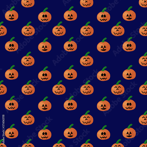 seamless pattern with funny pumpkins for Halloween on a blue background
