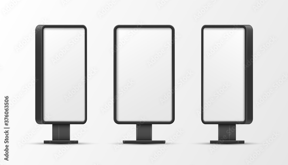 Lightboxes vertical empty mockups set. Screen illuminated outdoor templates for advertisement. Lightboxes vertical empty mockups set. Screen illuminated outdoor templates for advertisement.