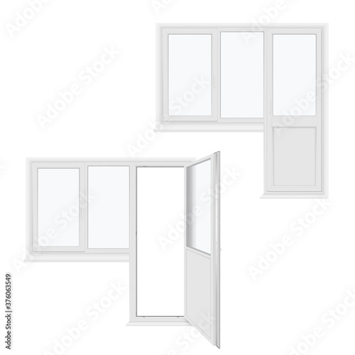 Balcony door closed  open and window realistic template set. Home interior design. Plastic glass.