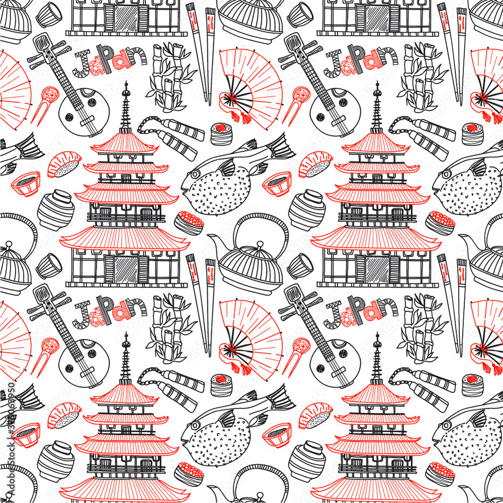 Fototapeta Seamless pattern with Japanese related hand drawn icons including pagoda, teapots, food, fugu fish and others. Doodle vector Japanese related collection