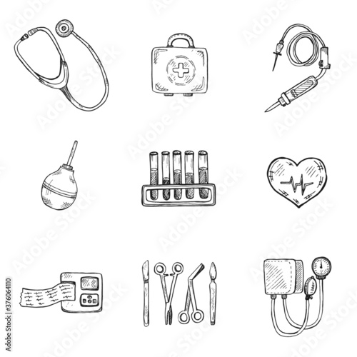 Set of hand drawn medical icons. Vector hand drawn medical collection